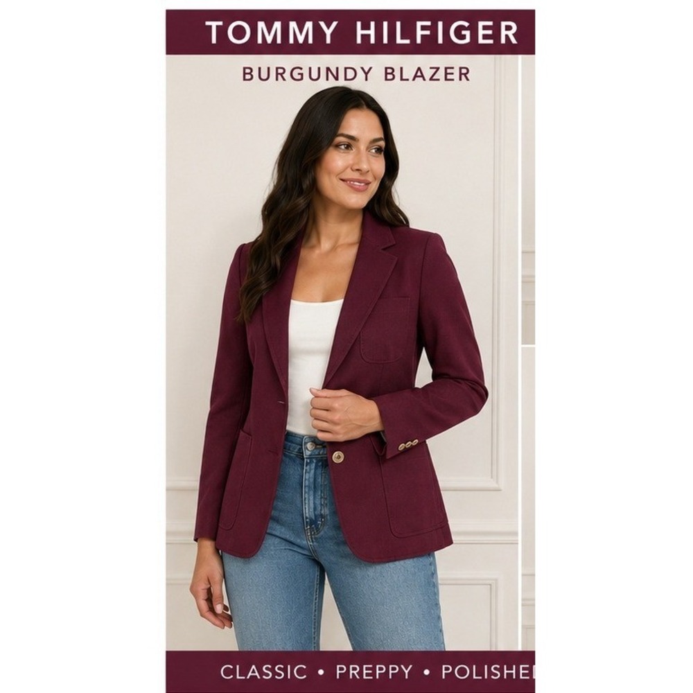 Tommy Hilfiger Blazer Women 6 Burgundy Dark Academia Preppy Gold Button Tailored